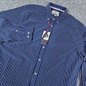 International Report Mens XL Navy White Stripe Button Down Shirt 4 Way Stretch